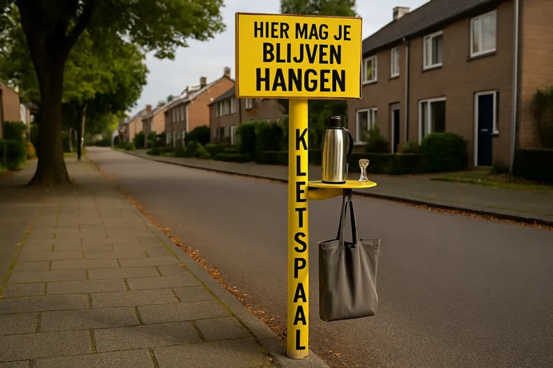 Een felgele kletspaal op een straathoek in Zutphen, voorzien van een luifel, boodschappentashaak en vijfminuten-zandloper — buurtbewoners staan er ontspannen bij te ouwehoeren.